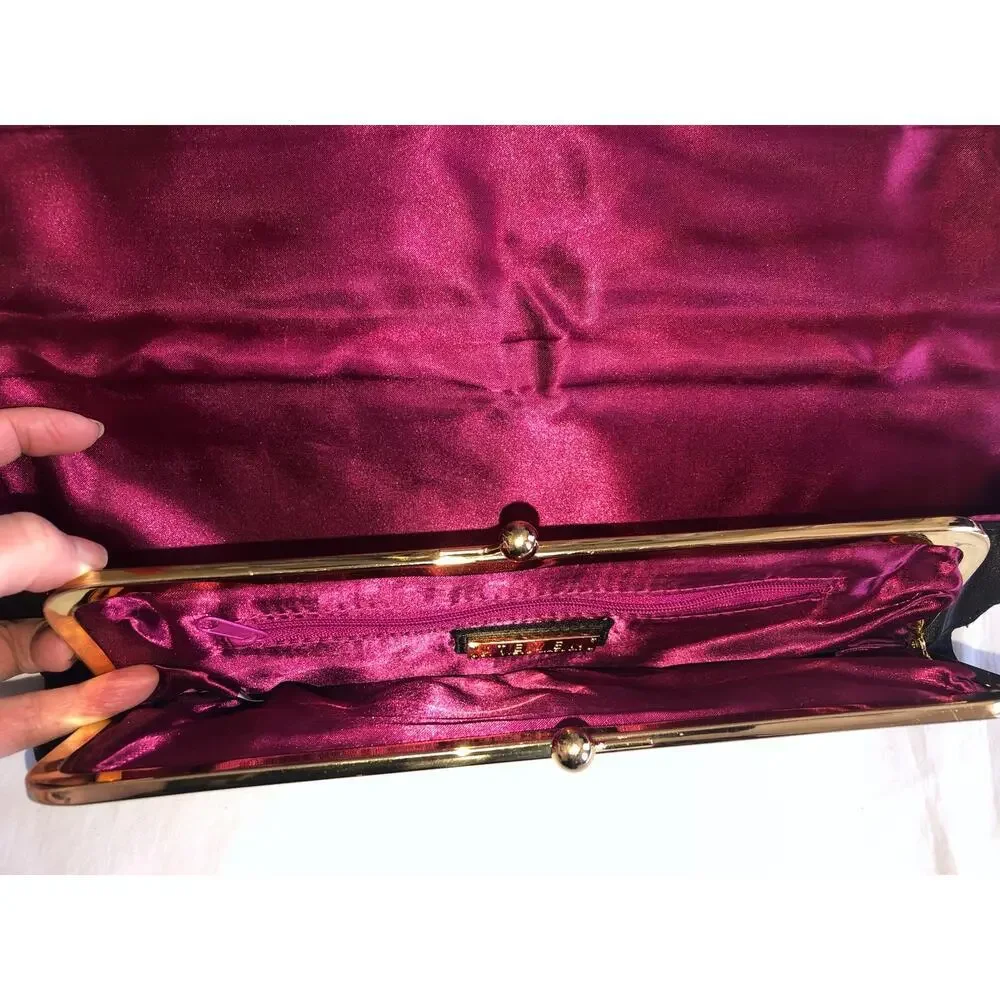 Black Satin Clutch Evening Bag Steven Kiss Lock Pink Lined Gold Avant Garde Vtg
